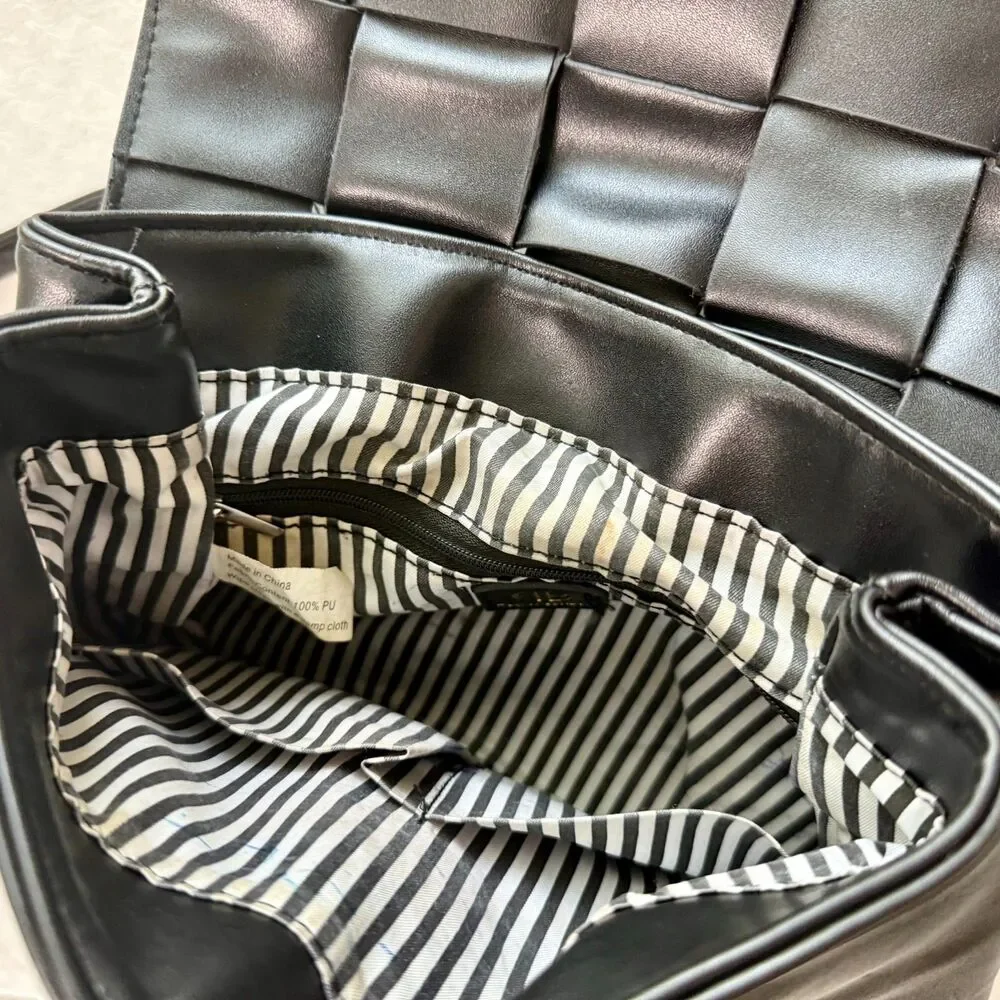 Alexis Bendel Black Woven Flap Backpack Mini Faux Leather Striped Lining Gold HW